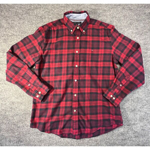 Tommy Hilfiger Shirt Mens M Long Sleeve Button Red Black Plaid Flannel Cotton